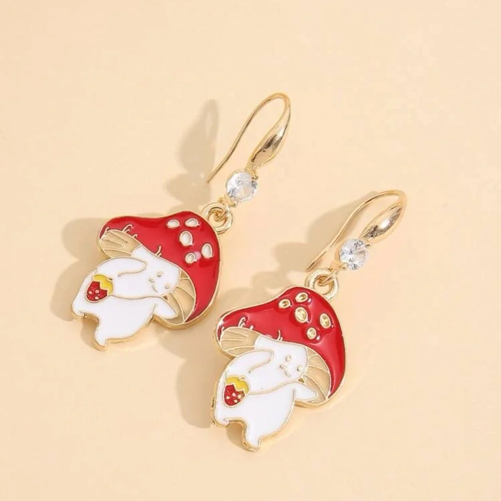 Cute Mushroom Man Strawberry Dangle Earrings | Red Enamel Whimsical